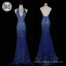 Цветочный дизайн элегантный синий сексуальная голой спиной блесток pronm вечерние платья